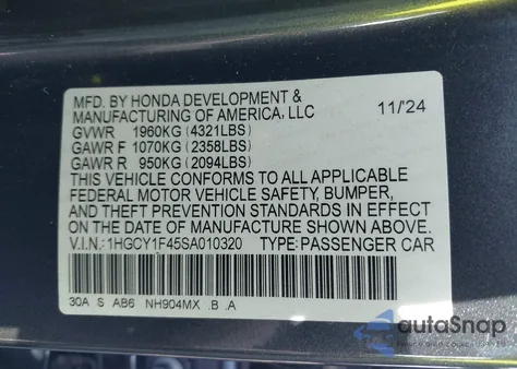 2025 Honda Accord Se из США, поврежденный, VIN 1HGCY1F45SA010320